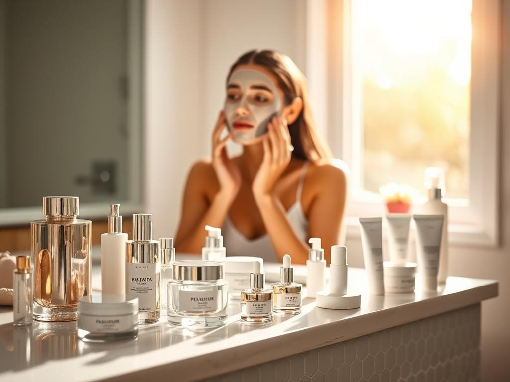 A serene, sunlit bathroom countertop. In the foreground, an assortment of premium skincare products - luxurious jars, bottles, and tubes arranged with care. In the middle ground, a woman's hands gently applying a face mask, her expression one of calm focus. The background features a softly blurred window, letting in warm natural light that bathes the scene in a soft, glowing radiance. The overall mood is one of tranquility, self-care, and the pursuit of inner beauty.