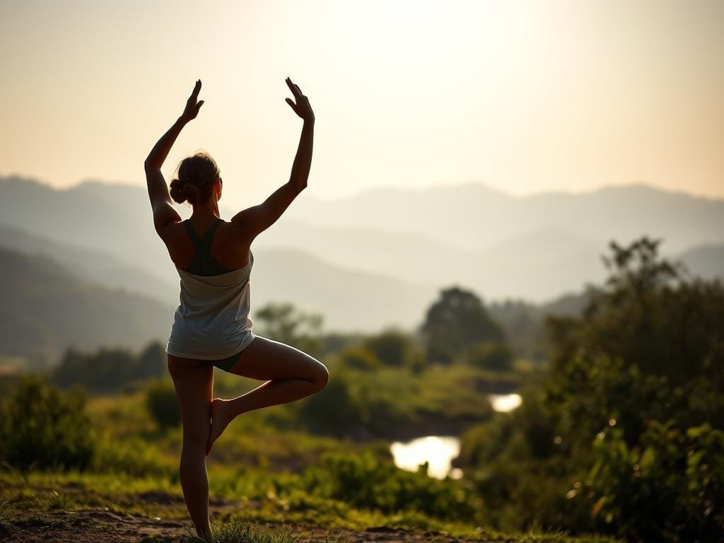 A serene, sunlit landscape with a person practicing yoga or meditation in the foreground, their pose reflecting inner strength and resilience. In the middle ground, a peaceful garden or forest setting, with lush greenery and a calming stream or pond. In the background, rolling hills or mountains, their silhouettes hinting at the challenges and obstacles one may face in life. The lighting is soft and diffused, creating a sense of tranquility and introspection. The overall mood is one of quiet contemplation, inviting the viewer to reflect on their own inner resources and coping mechanisms.