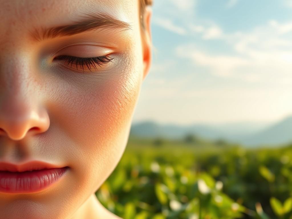 A serene, well-hydrated complexion glowing with vibrant health. In the foreground, a close-up of a dewy, youthful face bathed in soft, diffused light. Skin appears supple, luminous, and plump, radiating an inner radiance. In the middle ground, a lush, verdant landscape with flourishing plants symbolizing the connection between gut and skin. The background features a tranquil, hazy sky with wispy clouds, conveying a sense of calm and balance. The overall mood is one of serenity, vitality, and the profound relationship between hydration, gut health, and a glowing, healthy complexion.