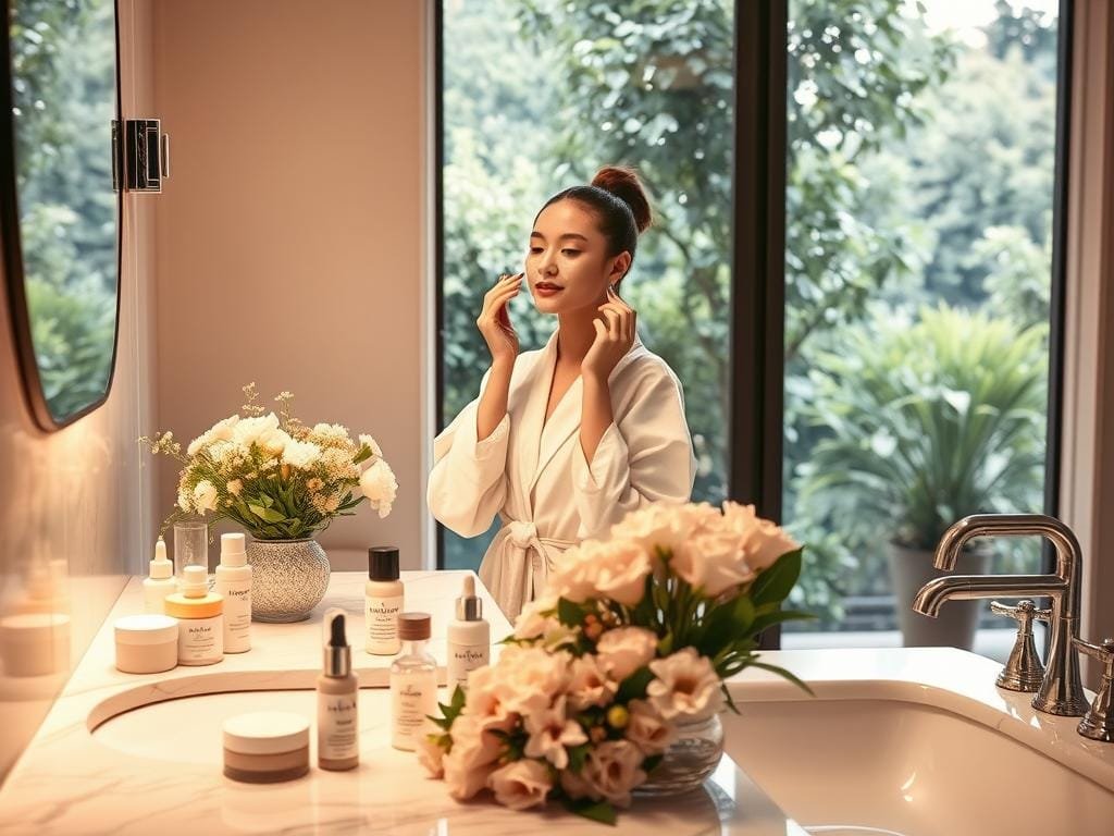 A serene, well-lit bathroom setting with a marble countertop, porcelain sink, and chrome fixtures. In the foreground, an assortment of beauty products neatly arranged - moisturizers, serums, makeup brushes, and a lush bouquet of fresh flowers. Warm, diffused lighting casts a soft, glowing ambiance, highlighting the tranquil atmosphere. The middle ground features a young woman, dressed in a simple white robe, applying a face mask with a serene expression, immersed in her daily self-care routine. The background showcases a large window overlooking a lush, verdant garden, creating a sense of connection to nature. The overall scene conveys a sense of harmony, mindfulness, and the importance of consistent, rejuvenating beauty practices.