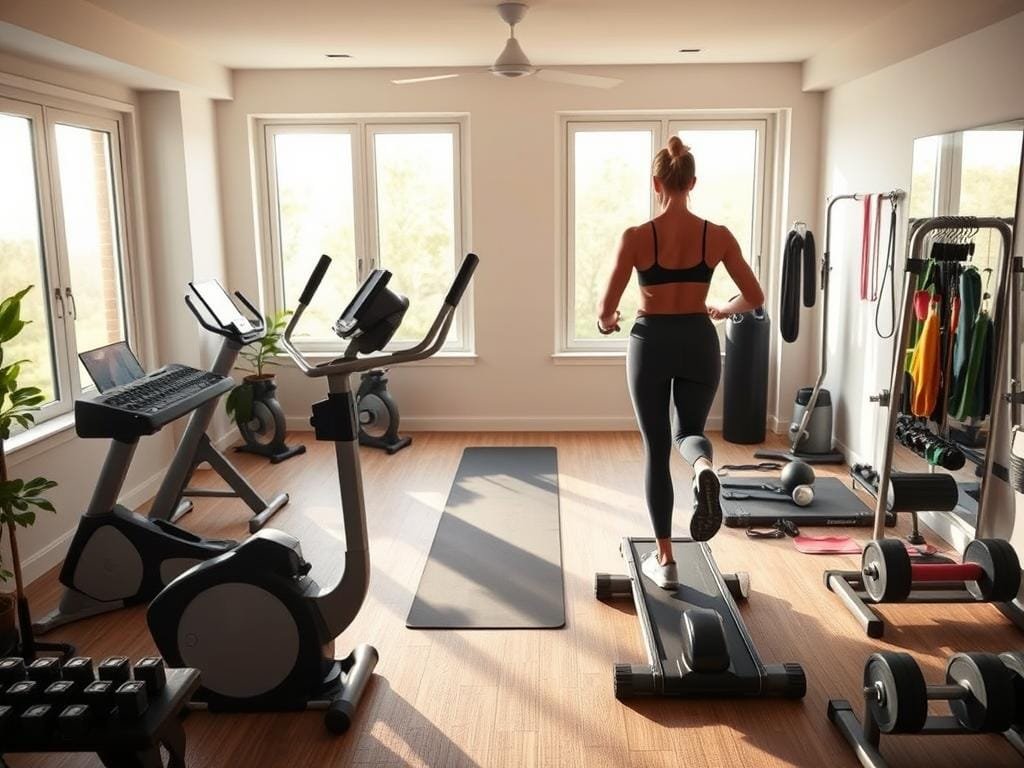 A serene, well-lit home gym filled with modern exercise equipment. In the foreground, a person performing a dynamic, low-impact cardio routine on an elliptical machine, their movements conveying a sense of intense, focused effort. The middle ground features a yoga mat and various dumbbells, resistance bands, and other strength training tools neatly arranged. The background showcases large windows allowing natural light to flood the space, creating a warm, inviting atmosphere. The overall scene exudes a motivating, wellness-focused ambiance, perfectly capturing the theme of "Exercise: Burn More Calories" for weight loss.