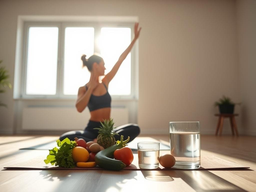 A serene, well-lit indoor setting with a clean, minimalist aesthetic. In the foreground, a person performing light exercise on a yoga mat, their silhouette casting a long shadow. In the middle ground, a selection of healthy, vibrant produce and a glass of water, conveying the importance of nutrition. The background features a large window, allowing natural light to flood the space and creating a sense of openness and wellness. The overall mood is one of balance, discipline, and a holistic approach to effective weight loss.