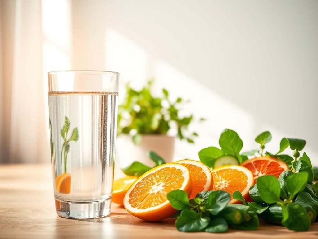 A serene, well-lit interior scene depicting the benefits of hydration. In the foreground, a glass of crystal-clear water reflects the warm, natural light flooding the room. Surrounding the glass, an array of vibrant, hydrating fruits and vegetables - slices of juicy oranges, refreshing cucumber spears, and dewy green leafy greens. In the middle ground, a soothing houseplant, its lush foliage gently swaying, symbolizing the nourishing effects of proper hydration. The background features a tranquil, minimalist setting, with soft, muted tones accentuating the simplicity and purity of the scene. The overall mood is one of calmness, balance, and the rejuvenating power of staying well-hydrated.