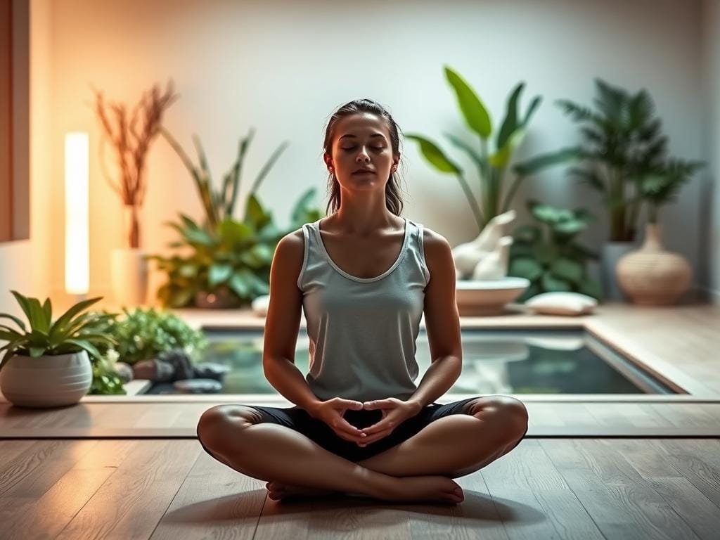 A serene, well-lit scene showcasing the benefits of breathwork. In the foreground, a person sits cross-legged, eyes closed, hands resting gently on their lap, embodying a state of deep focus and tranquility. The middle ground features an array of soothing natural elements, such as lush greenery, a calming water feature, and a soft, diffused lighting that bathes the scene in a warm, inviting glow. In the background, a minimalist, nature-inspired setting with a clean, uncluttered design, conveying a sense of spaciousness and clarity. The overall atmosphere is one of peace, balance, and the profound physiological and psychological advantages of mindful, intentional breathing.