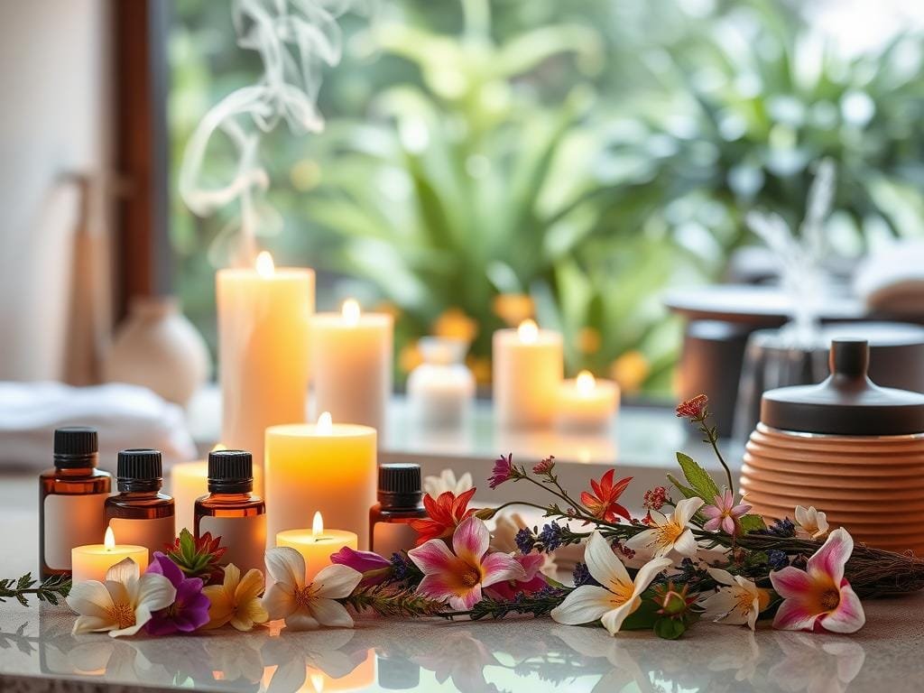 A serene, well-lit spa setting with an arrangement of essential oil bottles, aromatic candles, and a diffuser emitting wispy vapor. In the foreground, a collection of botanicals and flowers, meticulously placed to evoke a sense of tranquility. The middle ground features a soothing water feature, its gentle sounds complementing the calming ambiance. The background depicts a nature-inspired scene, with soft, diffused lighting filtering through lush greenery. The overall composition conveys the restorative and therapeutic benefits of aromatherapy, evoking feelings of relaxation, stress relief, and improved well-being.