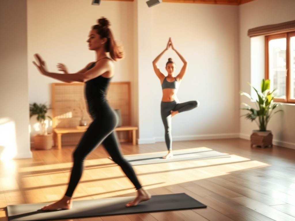 A serene yoga studio bathed in warm, natural lighting. The foreground features a person gracefully performing a flowing vinyasa sequence, their movements blurred to convey mindfulness and fluidity. In the middle ground, another person is holding a balanced Pilates pose, their core engaged. The background showcases a minimalist space with wood accents, potted plants, and soft, muted colors, evoking a sense of tranquility and wellness. The overall atmosphere is calming, meditative, and encourages a mind-body connection.