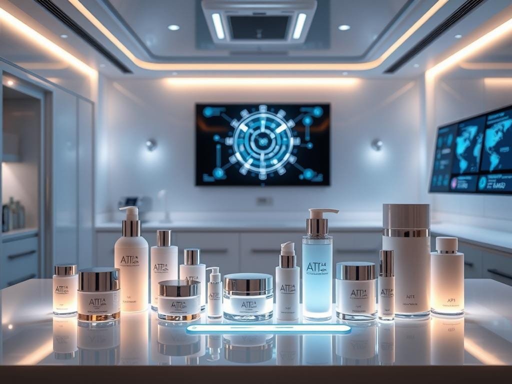 A sleek, futuristic laboratory setting with advanced skincare products displayed on a minimalist, illuminated counter. In the foreground, a selection of high-tech, seamlessly designed bottles, jars, and dispensers showcasing cutting-edge, AI-powered formulas. The middle ground features a holographic display highlighting the products' sophisticated, data-driven skincare properties. In the background, a wall-mounted touchscreen interface displays dynamic visualizations of the products' inner workings and personalized skincare algorithms. Soft, directional lighting creates an immersive, clinical yet welcoming atmosphere, hinting at the transformative power of this AI-driven skincare technology.