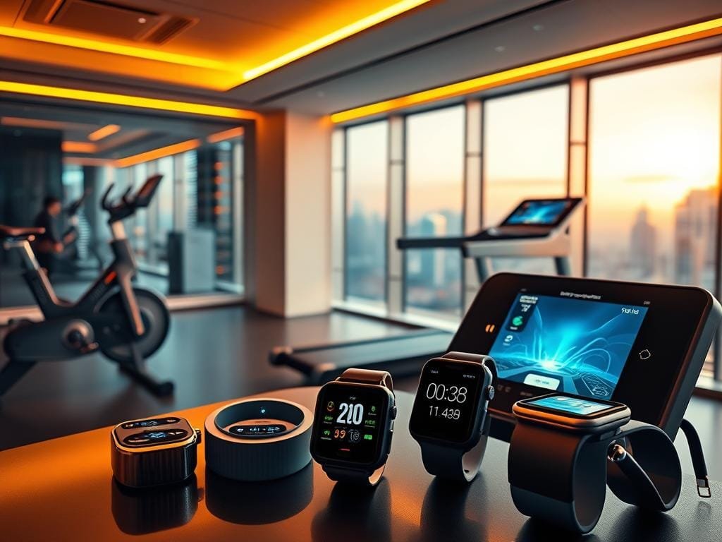A sleek, high-tech fitness studio bathed in warm, ambient lighting. In the foreground, a variety of cutting-edge fitness gadgets and wearables are prominently displayed, including smartwatches, heart rate monitors, and interactive fitness trackers. The middle ground features a sophisticated treadmill with a large, immersive display, while a high-tech stationary bike with advanced data tracking capabilities occupies the left side. In the background, a panoramic window overlooks a dynamic cityscape, emphasizing the modern, urban setting. The overall scene conveys a sense of innovation, efficiency, and the seamless integration of technology into a comprehensive cardio workout experience.
