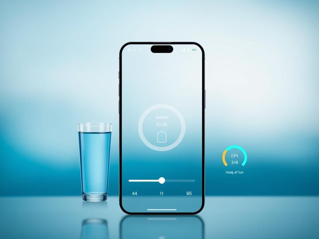 A sleek, minimalist app interface displays a series of hydration tracking widgets. In the foreground, a vibrant water glass icon and an intuitive slider allow the user to input their daily water intake. The middle ground features stylized iconography and circular progress indicators, showcasing hydration metrics and goals. The background is a soft, blurred gradient in calming shades of blue, evoking a sense of serenity and focus. Subtle lighting from above casts a gentle glow, highlighting the clean, user-friendly design. The overall atmosphere is one of simplicity, efficiency, and a dedication to personal wellness through technology.