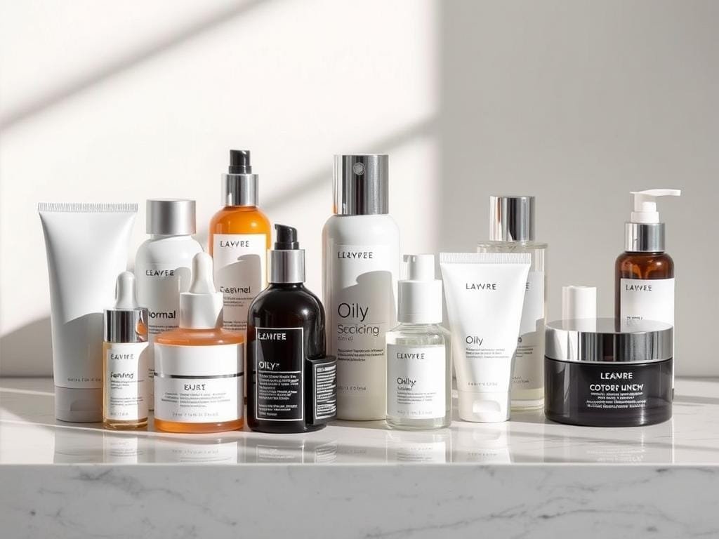A sleek, minimalist arrangement of various skincare products on a marble or granite countertop, with soft, natural lighting illuminating the scene. The products should represent different skin types such as normal, oily, dry, and combination, with their respective packaging and labeling clearly visible. The arrangement should have a clean, high-quality aesthetic, evoking a sense of luxury and sophistication. The background should be muted and understated, allowing the products to take center stage. The overall composition should convey a sense of curation and expert knowledge, reflecting the article's focus on choosing the right skincare products for different skin types.
