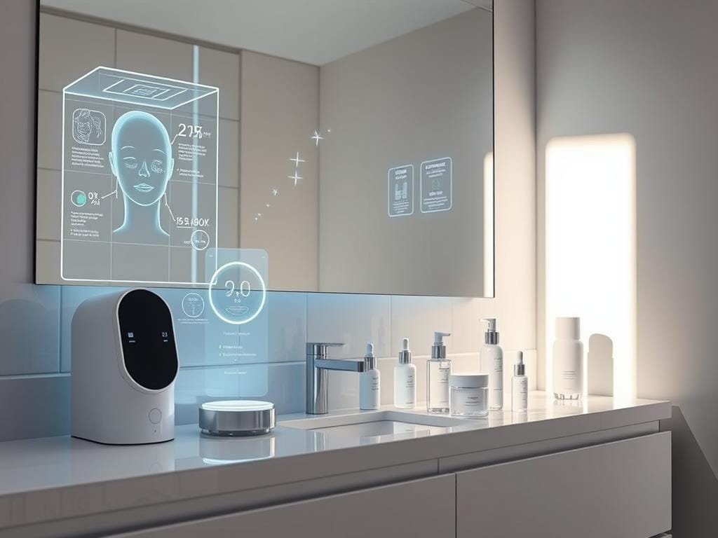 A sleek, minimalist bathroom counter, bathed in soft, diffused light. On the surface, an array of futuristic skincare devices - a smart mirror, a high-tech facial scanner, and a personalized serum dispenser. Holograms flicker above, displaying real-time skincare analysis and customized product recommendations. In the background, an AI assistant awaits voice commands, ready to guide the user through an intelligent, data-driven skincare routine tailored to their unique skin needs. The overall atmosphere is one of advanced technology seamlessly integrated with personal self-care, creating an immersive, AI-powered beauty experience.