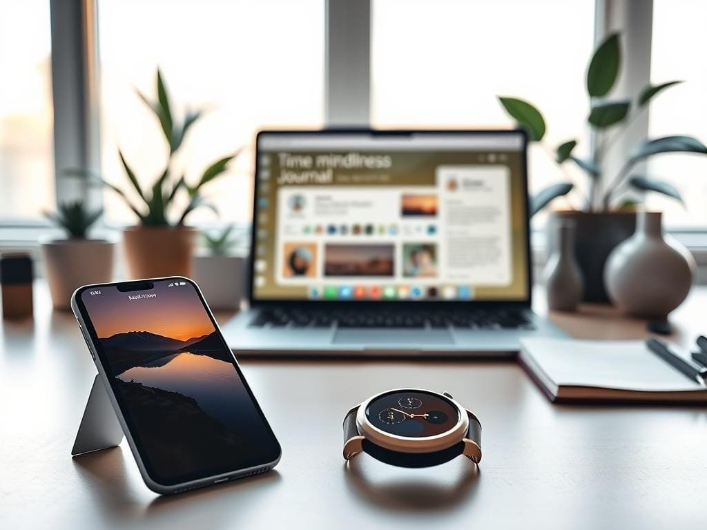 A sleek, minimalist desktop filled with a variety of digital wellness tools. In the foreground, a smartphone, a smartwatch, and a meditation app with a serene landscape. In the middle ground, a laptop displaying a time management app and a mindfulness journal. The background features a warm, natural lighting that creates a calming ambiance, with plants and a zen-inspired decoration adding to the serene atmosphere. The overall composition conveys a sense of balance, focus, and a healthy approach to technology usage. A sleek, minimalist desktop filled with a variety of digital wellness tools. In the foreground, a smartphone, a smartwatch, and a meditation app with a serene landscape. In the middle ground, a laptop displaying a time management app and a mindfulness journal. The background features a warm, natural lighting that creates a calming ambiance, with plants and a zen-inspired decoration adding to the serene atmosphere. The overall composition conveys a sense of balance, focus, and a healthy approach to technology usage.