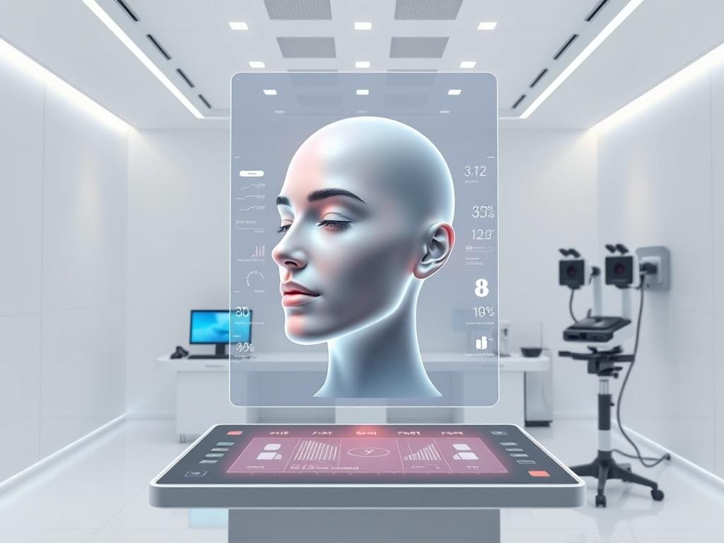 A sleek, minimalist skincare analysis laboratory. In the foreground, a floating display panel showcases a 3D holographic rendering of a human face, with data overlays highlighting key skin metrics. Behind it, a high-tech console with touch-sensitive controls and monitoring screens. The middle ground features state-of-the-art skincare analysis equipment, including spectroscopic scanners and high-resolution cameras. The background is a pristine, white-walled room, bathed in soft, indirect lighting that creates a clean, futuristic atmosphere. The overall scene conveys the seamless integration of artificial intelligence and personalized skincare, hinting at the transformative potential of this emerging technology.