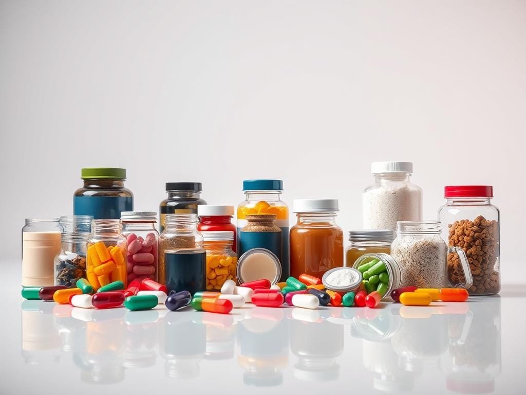 A sleek, minimalist still life scene of various weight loss supplements against a clean, bright background. In the foreground, an assortment of colorful, glossy capsules, tablets, and powders in glass jars and bottles, neatly arranged on a smooth, reflective surface. The middle ground features a sophisticated lighting setup, casting soft, even illumination and creating subtle shadows to highlight the textures and forms of the supplements. The background is a simple, white backdrop, allowing the products to take center stage. The overall composition conveys a sense of efficacy, purity, and scientific precision, fitting the "Benefits of Using Fat Loss Supplements" theme.