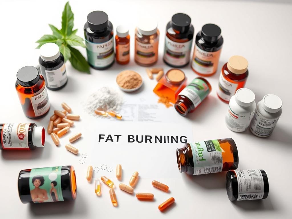 A sleek, modern arrangement of various fat burning supplements on a clean, white background. The foreground features a selection of pill bottles, powdered supplements, and capsules in a visually appealing layout, with careful attention to lighting and shadow to create depth and dimension. The middle ground showcases a few key ingredients or nutritional information labels, providing relevant details. The background is minimalist, allowing the supplements to be the primary focus, conveyed in a clinical yet sophisticated manner that evokes a sense of efficacy and professionalism. The overall mood is one of scientific credibility and health-conscious optimism.