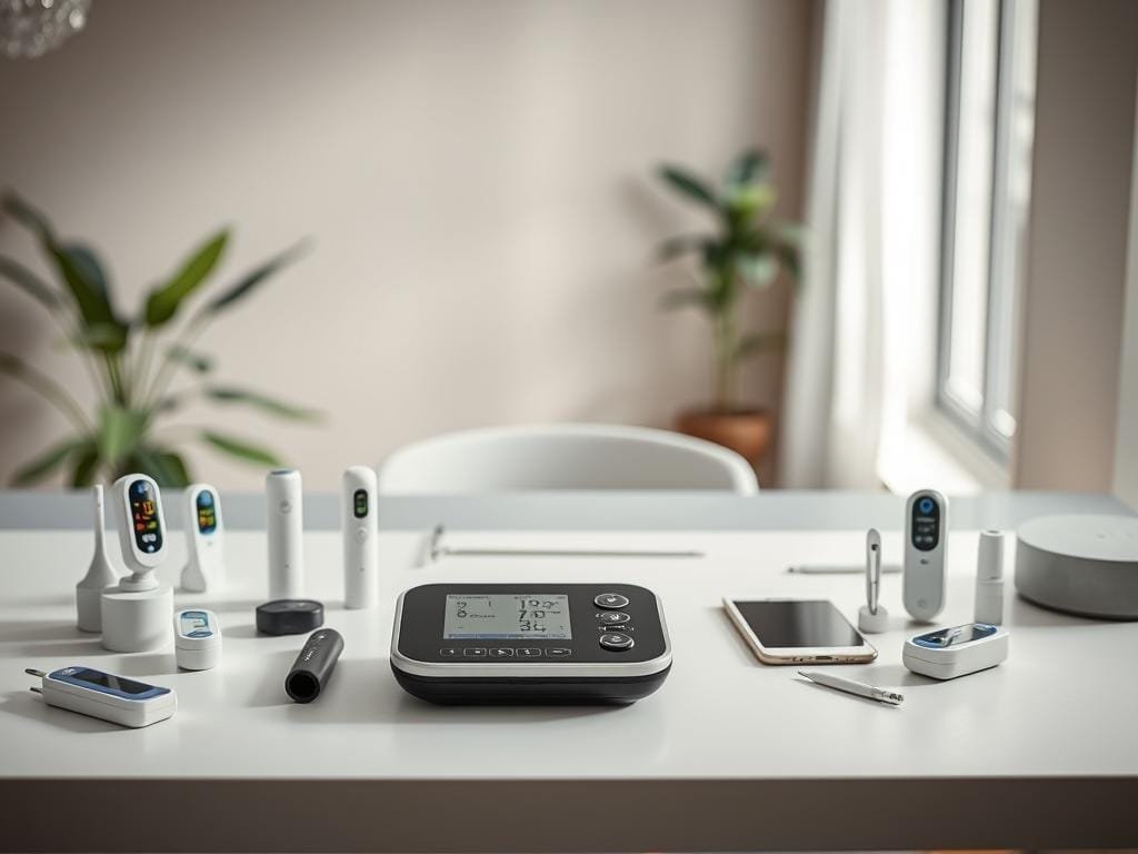 A sleek, modern diagnostic station in a well-lit, minimalist home setting. In the foreground, a compact, user-friendly device with intuitive controls and a clear display readout. Surrounded by a selection of discreet, high-tech medical accessories - thermometers, pulse oximeters, and other essential tools. In the middle ground, a streamlined desk or table with a tablet or smartphone, seamlessly integrated for data tracking and analysis. The background features muted, soothing tones, with hints of greenery and natural light, creating a calming, spa-like atmosphere that promotes wellness and self-care.