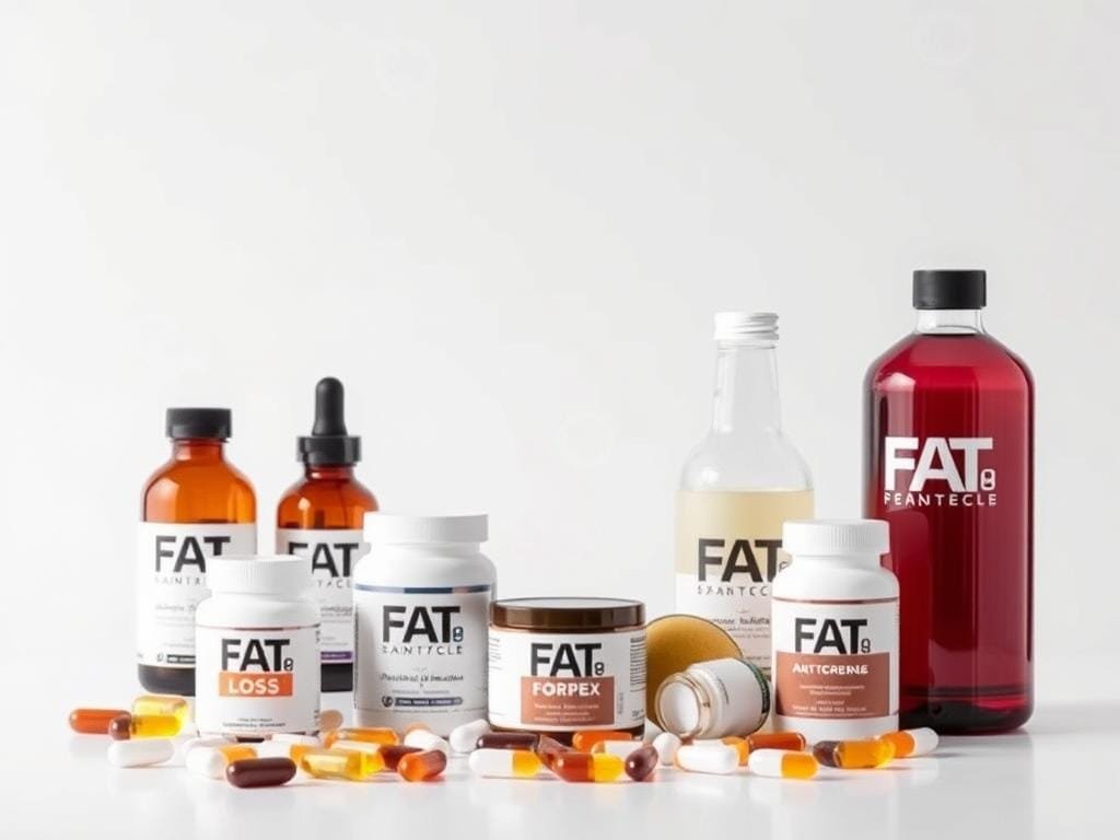 A sleek, modern display of various fat loss supplements, including capsules, powders, and liquids, arranged neatly on a minimalist, white background. The lighting is soft and diffused, creating a clean, professional atmosphere. The supplements are showcased against a backdrop of subtle, swirling patterns, hinting at the science and research behind their formulations. The overall composition is balanced and visually appealing, highlighting the products in a way that reflects their potential efficacy and quality.