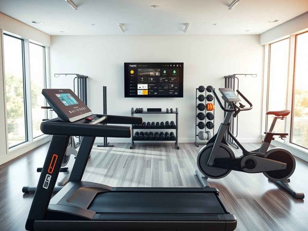 A sleek, modern fitness studio filled with cutting-edge technology. In the foreground, a state-of-the-art smart treadmill with a large, high-definition display. The treadmill is flanked by a pair of high-tech exercise bikes, their sleek designs and LED-backlit consoles gleaming under warm, focused lighting. In the middle ground, a large wall-mounted smart TV displays real-time workout data and fitness tracking apps. Behind it, a minimalist weight rack and a variety of free weights and resistance bands suggest a comprehensive home gym setup. The background is a clean, open space with large windows, allowing natural light to flood the room and create a bright, airy atmosphere conducive to a productive, technology-enhanced workout.