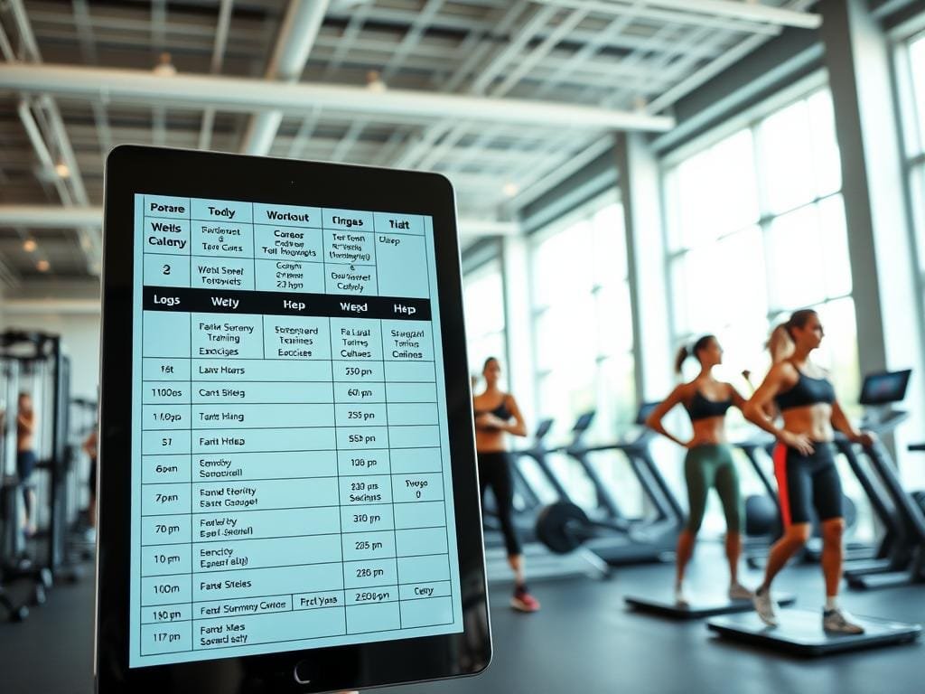 A sleek, modern gym interior with high ceilings and bright, natural lighting. In the foreground, a detailed workout schedule displayed on a digital tablet, showcasing a comprehensive fat loss program with a variety of exercises, sets, and reps. In the middle ground, a group of fit individuals performing various strength training and cardio exercises, their focused expressions and toned physiques conveying the dedication required for effective fat loss. The background features state-of-the-art fitness equipment, including weight racks, treadmills, and resistance machines, all arranged in a clean, organized manner to create an inspiring, motivational atmosphere.