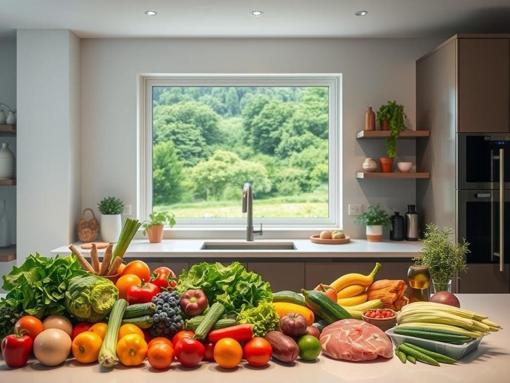 A sleek, modern kitchen setting with a variety of fresh, nutrient-dense foods arranged in the foreground. Crisp lighting from overhead illuminates a clean, minimalist countertop where an array of vegetables, fruits, and lean protein sources are displayed. In the middle ground, a large, open window offers a picturesque view of a lush, green outdoor landscape, creating a sense of balance and serenity. The overall mood is one of wellness, health, and a focused approach to effective fat loss through strategic nutrition.