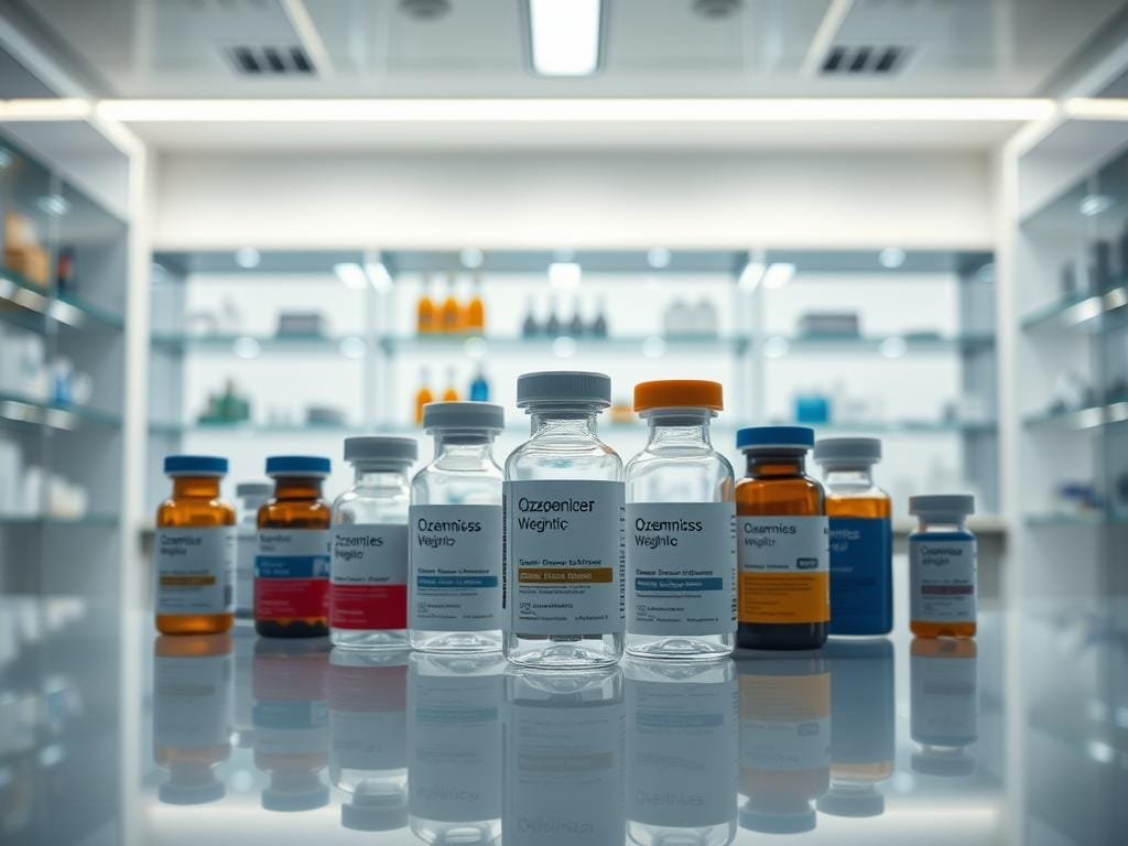 A sleek, modern laboratory setting with a central glass display showcasing various weight loss medication bottles, including Ozempic. The foreground features a well-lit, high-angle view of the display, highlighting the shapes, sizes, and labels of the medications. The middle ground shows the backdrop of the lab, with minimalist shelving, scientific equipment, and subtle lighting accents that create a clean, professional atmosphere. The background blurs softly, suggesting a sense of depth and focus on the central display. The overall composition conveys a sense of comparison and evaluation, inviting the viewer to examine the distinctions between the weight loss medications.