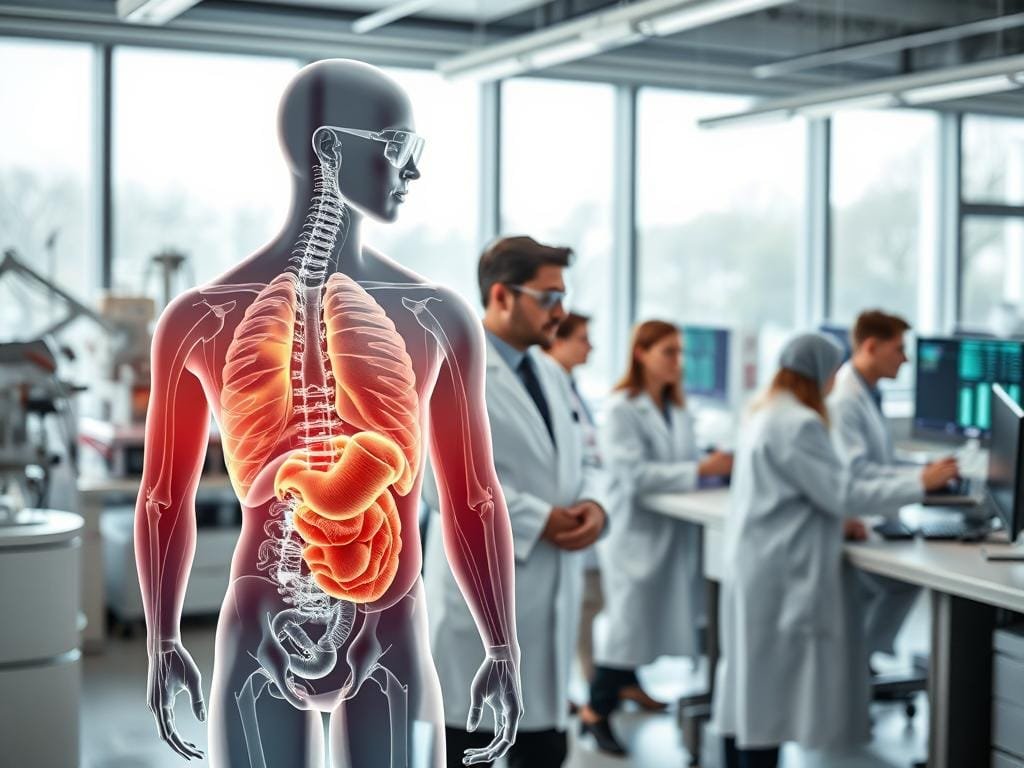 A sleek, modern laboratory setting with state-of-the-art equipment and scientific instruments. In the foreground, a holographic display shows a detailed 3D model of the human body, highlighting the processes of fat metabolism and energy expenditure. In the middle ground, a team of researchers in white lab coats and safety goggles pore over data on their computer screens, deep in thought. The background features floor-to-ceiling windows, allowing natural light to pour in and create a bright, airy atmosphere. The overall mood is one of clinical precision, intellectual curiosity, and the pursuit of scientific understanding of the mechanisms underlying fat loss.