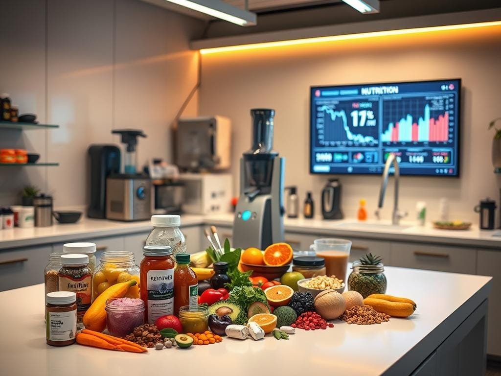 A sleek, modern laboratory with an array of biohacking nutrition equipment. In the foreground, a variety of supplements, superfoods, and nutrient-dense ingredients are artfully arranged on a pristine, minimalist countertop. The middle ground features a high-tech blender, juicer, and other devices used for preparing personalized, performance-enhancing meals and shakes. The background showcases a wall-mounted display showing real-time data on the nutritional content and metabolic effects of the concoctions. Warm, directional lighting casts a subtle glow, creating a sophisticated, futuristic atmosphere. The overall scene conveys the idea of biohacking nutrition as a precision science, with a focus on optimizing human potential through the latest advancements in health technology.