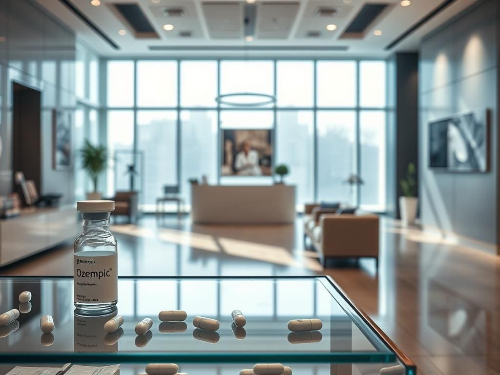 A sleek, modern medical office interior with natural lighting streaming through large windows. In the foreground, a glass display case showcases various pharmaceutical products, including a prominent, minimalist bottle labeled "Ozempic." The middle ground features a sophisticated reception desk and seating area, with elegant furniture and artwork on the walls. The background depicts a professional, clinical atmosphere with subtle branding and signage related to the Ozempic medication. The overall scene conveys a sense of quality, efficiency, and the high-end nature of the Ozempic treatment.