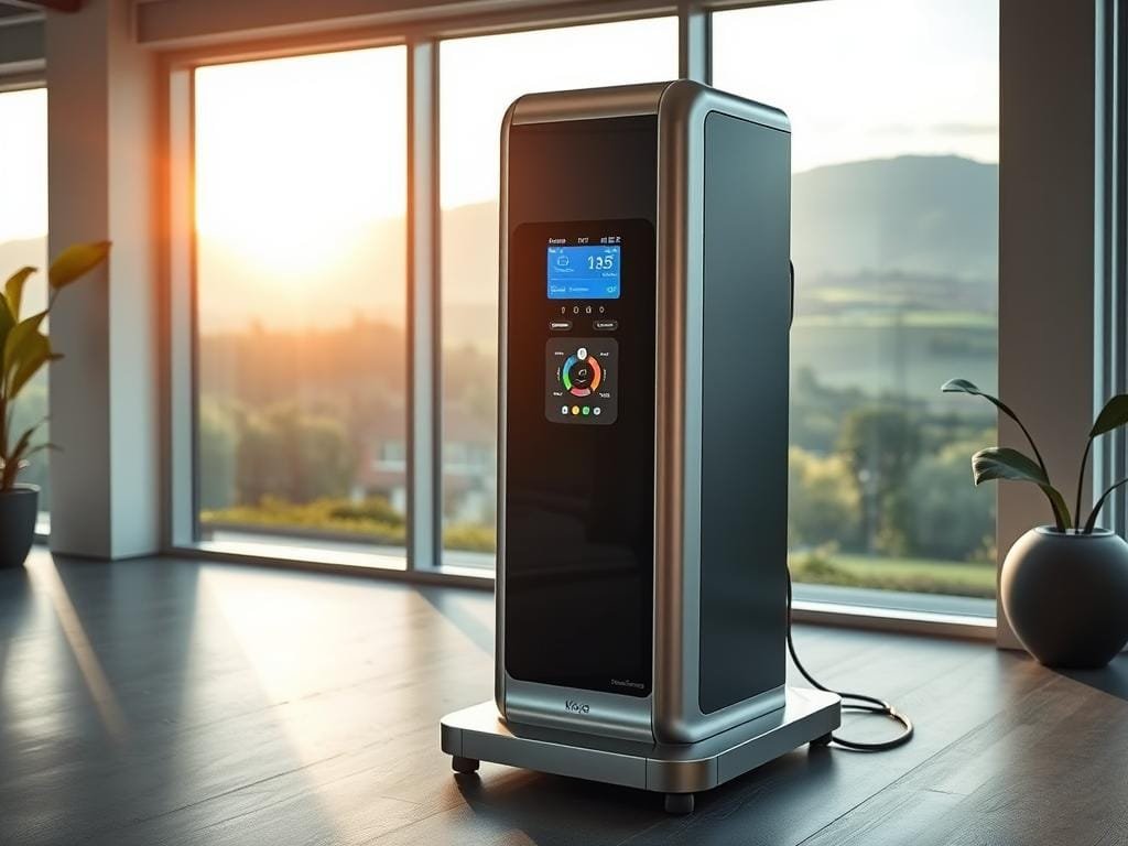 A sleek, modern metabolic booster machine standing prominently in a stylish, minimalist home gym. Soft natural lighting filters through large windows, casting a warm glow on the brushed metal and tempered glass casing. The display panel glows with a vibrant, intuitive interface, beckoning the user to track their fitness progress. The design is both functional and aesthetically pleasing, seamlessly blending technology and wellness. In the background, a serene landscape of rolling hills and lush greenery can be seen through the windows, creating a sense of balance and tranquility.