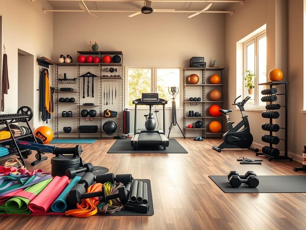 A spacious, well-lit home gym filled with a diverse array of exercise gear. In the foreground, a selection of colorful resistance bands, yoga mats, and a set of dumbbells neatly arranged. In the middle ground, a state-of-the-art treadmill and stationary bike positioned near a large, full-length mirror. The background features a sleek, minimalist wall-mounted storage system housing a variety of fitness accessories, from medicine balls to kettlebells. The space is illuminated by warm, natural lighting filtering in through large windows, creating a welcoming and motivating atmosphere for a personalized workout session.