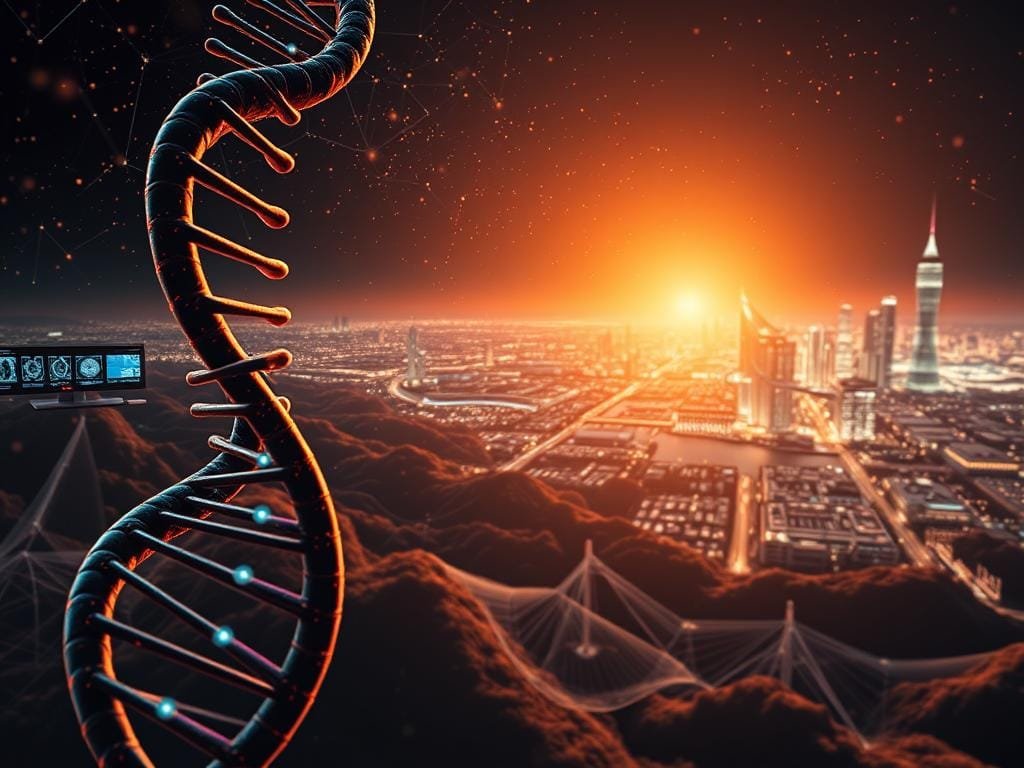 A sprawling molecular landscape, illuminated by the soft glow of digital readouts. In the foreground, a DNA helix unravels, its intricate structure captured in minute detail. Flanking it, sleek medical devices hum with the rhythmic processing of genetic data. The middle ground reveals a panorama of biomedical imagery - scans, charts, and visualizations that map the unique genomic code of an individual. In the distance, a gleaming futuristic cityscape, a symbol of the transformative potential of personalized medicine. Warm, diffused lighting casts an atmosphere of scientific wonder and human progress, as this image embodies the cutting edge of healthcare's technological revolution.
