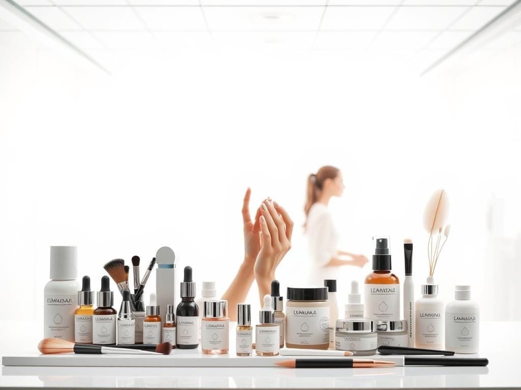 A sterile, clinical setting with bright overhead lighting and a seamless white backdrop. In the foreground, an array of beauty products - serums, creams, makeup brushes, and tools - arranged neatly on a sleek, minimalist countertop. The products' packaging features clean, modern designs and muted, earthy tones. In the middle ground, a disembodied hand gently applies a face mask, while in the background, blurred silhouettes of models or influencers suggest the potential side effects of these inner beauty supplements. An air of professionalism and scientific authority pervades the scene, evoking a sense of trust and expertise within the beauty industry.