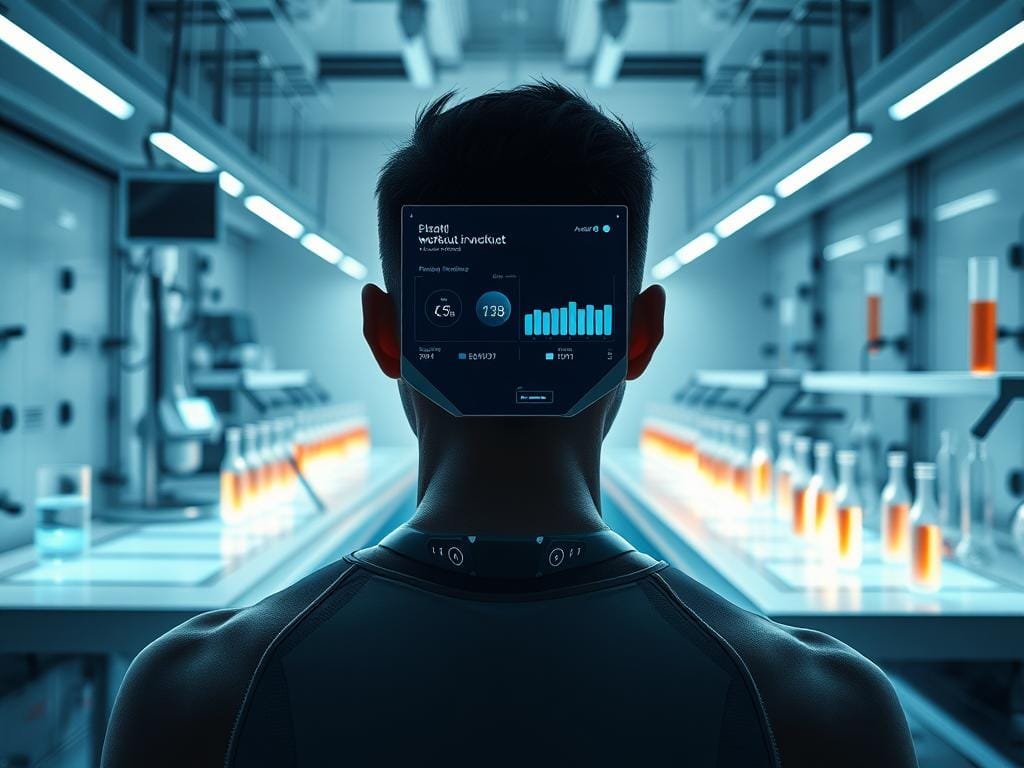 A sterile laboratory setting with state-of-the-art biohacking equipment. In the foreground, a sleek, futuristic-looking wearable device with biometric sensors monitoring vital signs. In the middle ground, a holographic display showcasing personalized workout data and recommendations. In the background, rows of high-tech analytical instruments and glowing test tubes, creating an atmosphere of scientific innovation. Soft, directional lighting casts an ethereal glow, emphasizing the cutting-edge nature of the scene. The overall impression is one of a seamless integration of biology and technology, enabling the optimization of human performance.