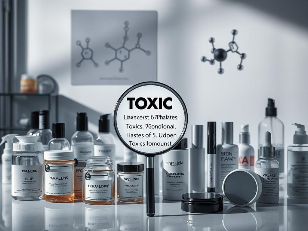 A sterile white laboratory countertop, with various beauty product containers in the foreground - jars, tubes, bottles, and compacts. Each item is labeled with ominous-sounding ingredients like "parabens," "phthalates," "sulfates," and "formaldehyde." The middle ground features a magnifying glass highlighting the fine print on the product labels, revealing the hidden toxic compounds. In the background, a scientific diagram of molecular structures of these hazardous chemicals hovers ominously. Dramatic lighting casts long shadows, heightening the sense of danger and concern. The overall mood is one of unease and warning, emphasizing the need to be vigilant about the hidden toxins in common beauty products.