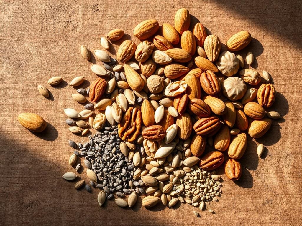 A still life arrangement of a variety of nutrient-dense nuts and seeds, including almonds, walnuts, pecans, pumpkin seeds, chia seeds, and flaxseeds, artfully scattered across a rustic wooden surface. Soft, natural lighting from the side casts warm shadows, accentuating the intricate textures and rich colors of the ingredients. The composition is balanced and visually appealing, inviting the viewer to appreciate the small-but-mighty nutritional power of these gut-health superfoods.