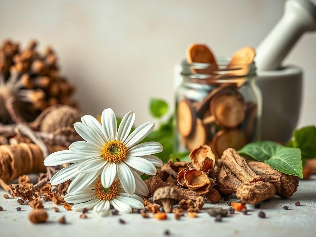 A still life composition featuring an assortment of adaptogens against a soft, muted background. In the foreground, various herbs and roots such as ashwagandha, rhodiola, and holy basil are arranged with care, their earthy hues and organic textures contrasting with the delicate petals of a chamomile flower. The middle ground showcases a glass jar filled with dried reishi mushroom slices, while in the background, a mortar and pestle suggest the preparation of adaptogenic remedies. Soft, natural lighting illuminates the scene, creating a sense of tranquility and balance - a visual representation of the calming, stress-relieving properties of these powerful plant allies.