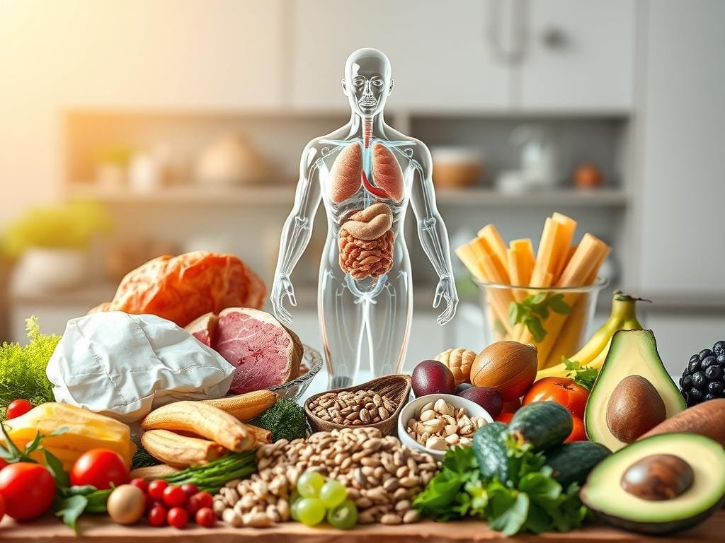 A striking, high-resolution image depicting the impact of macronutrients on human health. In the foreground, a vibrant arrangement of whole foods representing the three macronutrient groups - protein-rich foods like lean meats and legumes, complex carbohydrates such as whole grains and vegetables, and healthy fats from nuts, seeds, and avocados. In the middle ground, a transparent 3D model of the human body, with various organs and systems highlighted to illustrate how these macronutrients nourish and sustain different aspects of physical wellbeing. The background features a soft, blurred medical or scientific backdrop, lending an authoritative and informative tone. Warm, natural lighting illuminates the scene, creating a sense of vitality and health. The overall composition conveys the crucial role of balanced macronutrient intake in maintaining optimal human function and longevity.