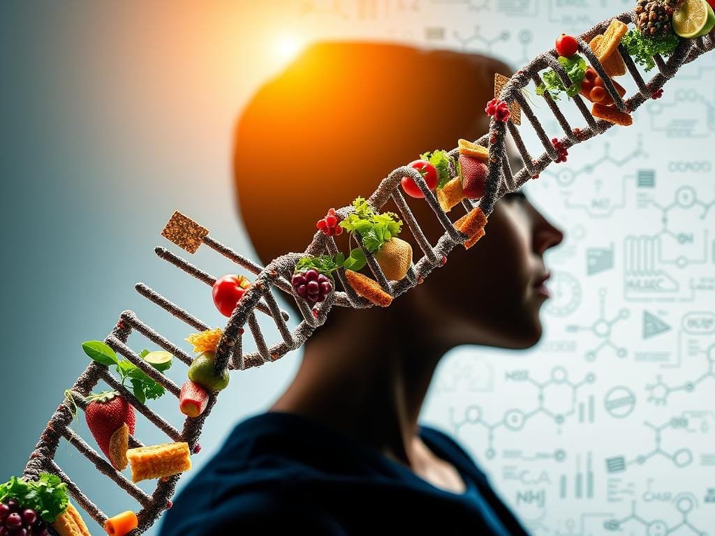 A striking visual exploration of the intricate connection between genetics and nutrition. In the foreground, a double helix DNA strand intertwines with vibrant, nutrient-rich food items - fresh produce, whole grains, and healthy protein sources. The middle ground features a person's profile, their face illuminated by a soft, natural light, symbolizing the personalized nature of this relationship. In the background, a subtle pattern of molecular structures and scientific diagrams creates a sense of scientific inquiry and discovery. The overall composition conveys the harmony between our unique genetic makeup and the nourishment we require, inviting the viewer to consider the profound ways in which these two elements intersect.
