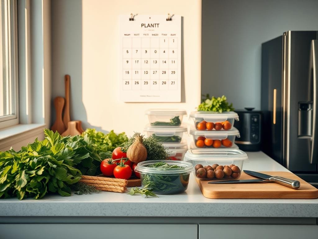 A stylish yet functional kitchen countertop, bathed in warm, natural lighting. On the surface, an array of fresh produce, including leafy greens, vibrant vegetables, and fragrant herbs. Alongside, a neatly organized collection of meal prep containers, a cutting board, and a chef's knife, hinting at the culinary journey to come. In the background, a minimalist wall calendar and a sleek, modern appliance subtly suggest the rhythmic nature of meal planning. The overall scene conveys a sense of intentionality, organization, and a celebration of the plant-based lifestyle.