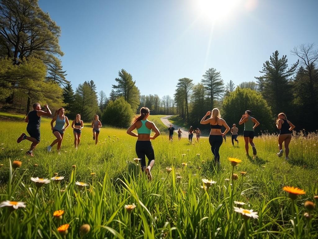 A sun-dappled meadow, lush with verdant grass and swaying wildflowers. In the foreground, a group of fitness enthusiasts engage in a diverse array of outdoor cardio exercises - burpees, jumping jacks, and high-knees, their athletic forms silhouetted against the natural backdrop. In the middle ground, a winding path leads deeper into a picturesque woodland, hinting at further opportunities for invigorating outdoor workouts. Gentle streams of light filter through the canopy, creating a serene and energizing atmosphere. Captured with a wide-angle lens, the scene conveys the boundless possibilities for dynamic, nature-inspired cardio routines beyond the confines of the gym.