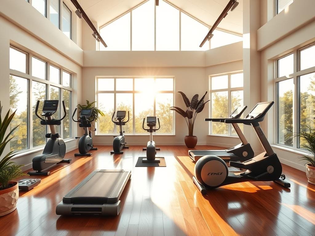 A sun-drenched home gym, its large windows bathing the space in natural radiance. Sleek, modern fitness equipment arranged with care, each piece strategically positioned to maximize the influx of daylight. Glossy hardwood floors reflect the golden glow, creating a warm, inviting ambiance. Potted plants and minimalist decor add pops of verdant vitality, blending the indoors with the outdoors. The room's layout is designed to channel the natural illumination, ensuring a bright, energizing workout environment. Wide-angle lens captures the airy, spacious feel, showcasing how intentional design can transform a home gym into a light-filled sanctuary for fitness and well-being.