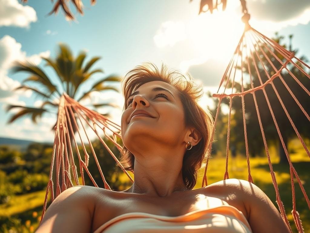 A sunny outdoor scene featuring a person relaxing in a hammock, their face turned towards the warm sunlight. The scene is bathed in golden-hour lighting, casting a soft, glowing ambiance. The background includes a lush, verdant landscape with swaying trees and a clear blue sky dotted with fluffy white clouds. The person's expression conveys a sense of tranquility and well-being, highlighting the rejuvenating effects of natural vitamin D exposure. The composition emphasizes the harmony between the individual and their natural surroundings, capturing the essence of the "Importance of Sun Exposure" in maintaining overall health.