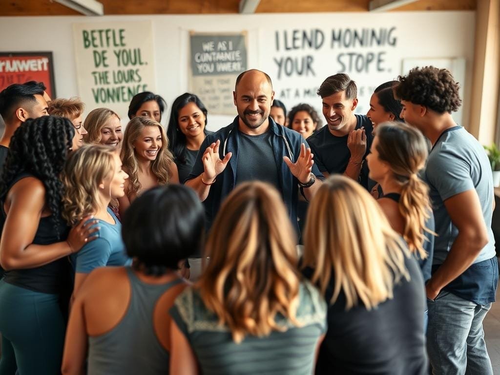 A supportive community of individuals gathered around a central motivational figure, their faces filled with determination and camaraderie. In the foreground, a charismatic coach leads the group, gesturing emphatically and radiating positivity. The middle ground features a diverse array of body types, each person contributing to the collective energy. In the background, a warm, inviting space with natural lighting and motivational visuals, creating an atmosphere of encouragement and shared purpose. The overall scene conveys a sense of unity, inspiration, and a steadfast commitment to the shared goal of fat loss, reflecting the essence of "Staying Motivated on Your Fat Loss Journey".