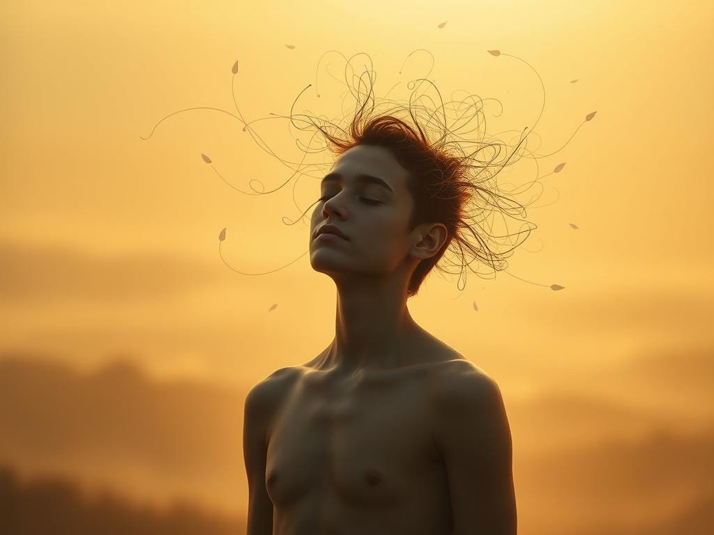 A thoughtful portrait of emotional intelligence, captured in warm, soft lighting. In the foreground, a serene human figure stands, eyes closed, expression tranquil and introspective. Surrounding them, wispy tendrils of energy and light emanate, symbolizing the inner workings of the mind and heart. In the middle ground, abstract shapes and forms swirl and dance, representing the nuanced, interconnected nature of emotions. The background is a hazy, atmospheric landscape, conveying a sense of contemplation and inner reflection. The overall mood is one of self-awareness, empathy, and resilience.