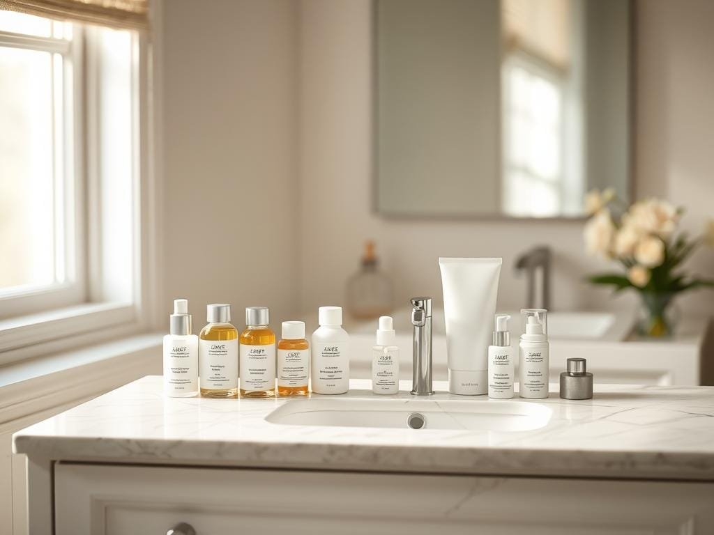 A tranquil bathroom scene showcases a minimalist, marble-topped vanity housing an array of personalized skincare products. The foreground features a clean, uncluttered arrangement of serums, moisturizers, and cleansers in muted pastel tones. Soft, diffused lighting from a window casts a warm, natural glow, creating a soothing ambiance. In the middle ground, a porcelain sink with sleek hardware reflects the elegant, spa-like aesthetic. The background subtly hints at a serene, neutral-toned wall and subtle tile textures, allowing the focal point to remain the personalized skincare routine. An overall sense of balance, simplicity, and attentive self-care permeates the scene.