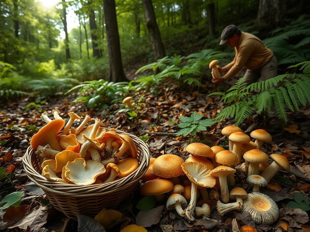 A tranquil forest scene, sunlight filtering through the canopy, illuminating a mosaic of leaf-covered ground. In the foreground, a basket overflows with an assortment of freshly foraged edible mushrooms - chanterelles, oysters, and hen-of-the-woods. A forager, dressed in earthy tones, examines a specimen closely, cataloging its distinctive features. The middle ground showcases a variety of mushroom species, their caps and stems in various stages of growth, providing a visual guide to responsible harvesting. In the background, a dense thicket of ferns and understory plants creates a sense of lush, untamed wilderness, conveying the importance of preserving the natural balance.