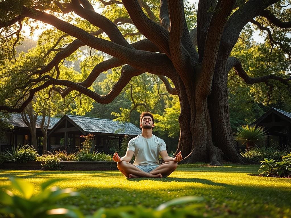 A tranquil garden oasis, lush with verdant foliage, serves as the backdrop for a person sitting cross-legged, eyes closed in deep contemplation. Soft, warm sunlight filters through the canopy, casting a gentle glow over the scene. In the foreground, a sturdy oak tree stands tall and unwavering, its branches reaching skyward, symbolizing the strength and resilience of the human spirit. The person's posture exudes a sense of inner calm and focus, as if drawing from the grounding energy of the earth beneath them. The overall atmosphere conveys a feeling of serenity, inviting the viewer to pause, reflect, and cultivate their own resilient mindset.