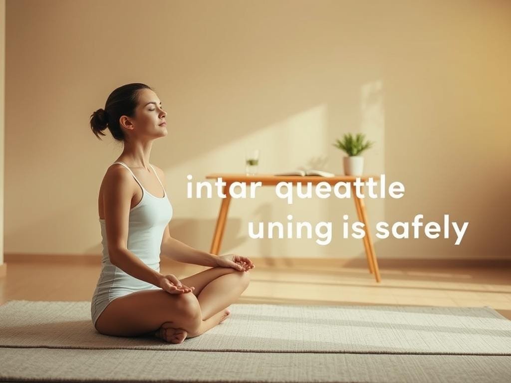 A tranquil, minimalist scene of a person starting their intermittent fasting journey safely. In the foreground, a serene and focused person sits cross-legged on a soft, neutral-colored rug, eyes closed in meditation. The middle ground features a tidy desk with a glass of water, a small plant, and a journal, conveying a sense of intentionality and mindfulness. The background is a warm, natural-toned room, with soft, diffused lighting from a window, creating a calming atmosphere. The overall mood is one of serenity, discipline, and a thoughtful approach to the beginning of an intermittent fasting routine.