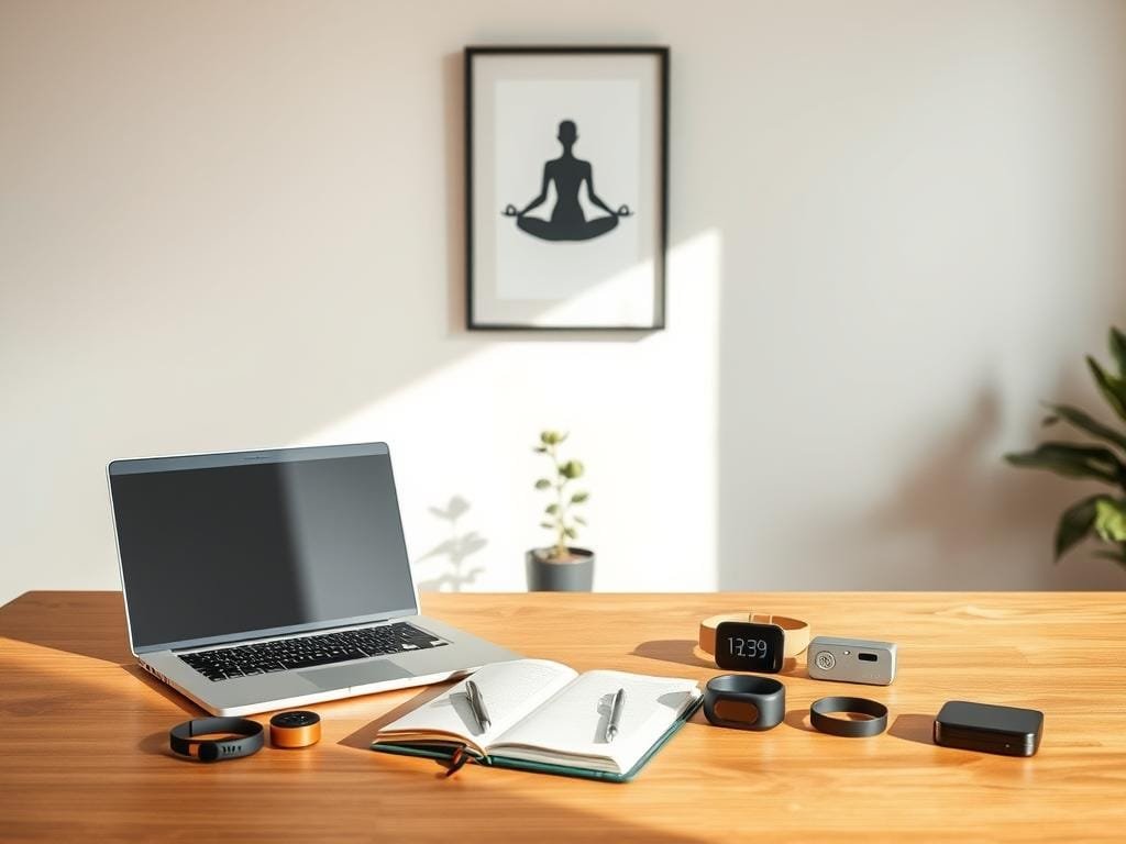 A tranquil, minimalist workspace with natural elements. In the foreground, a wooden desk holding a laptop, a journal, and various wellness-focused gadgets - heart rate monitor, sleep tracker, and a biofeedback device. Soft natural light filters in through a large window, casting a serene glow. In the middle ground, a small indoor plant and a framed artwork depicting a meditative pose. The background features a plain, neutral-toned wall, creating a calming, focused atmosphere. The overall scene conveys a sense of intentionality, optimization, and a mindful approach to personal well-being.
