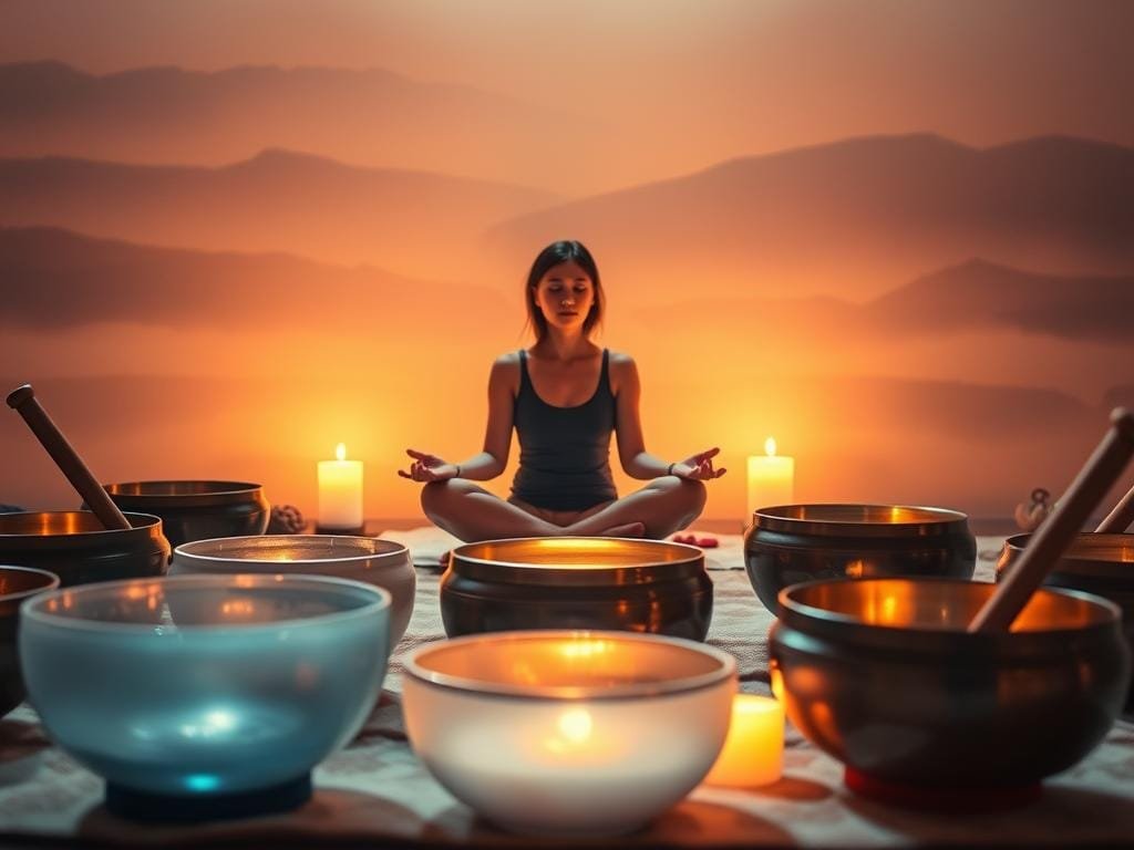 A tranquil sound bath experience with soothing tones emanating from a collection of crystal singing bowls, tuning forks, and other resonant instruments. Warm, soft lighting casts a serene glow, creating an intimate, meditative atmosphere. The foreground features the carefully arranged instruments, their surfaces reflecting the light. In the middle ground, a figure sits cross-legged, eyes closed, fully immersed in the healing vibrations. The background gently fades into a calming, abstract landscape, evoking a sense of weightlessness and inner peace. The overall scene conveys the profound benefits of sound bath healing: deep relaxation, stress relief, and a heightened state of mindfulness.
